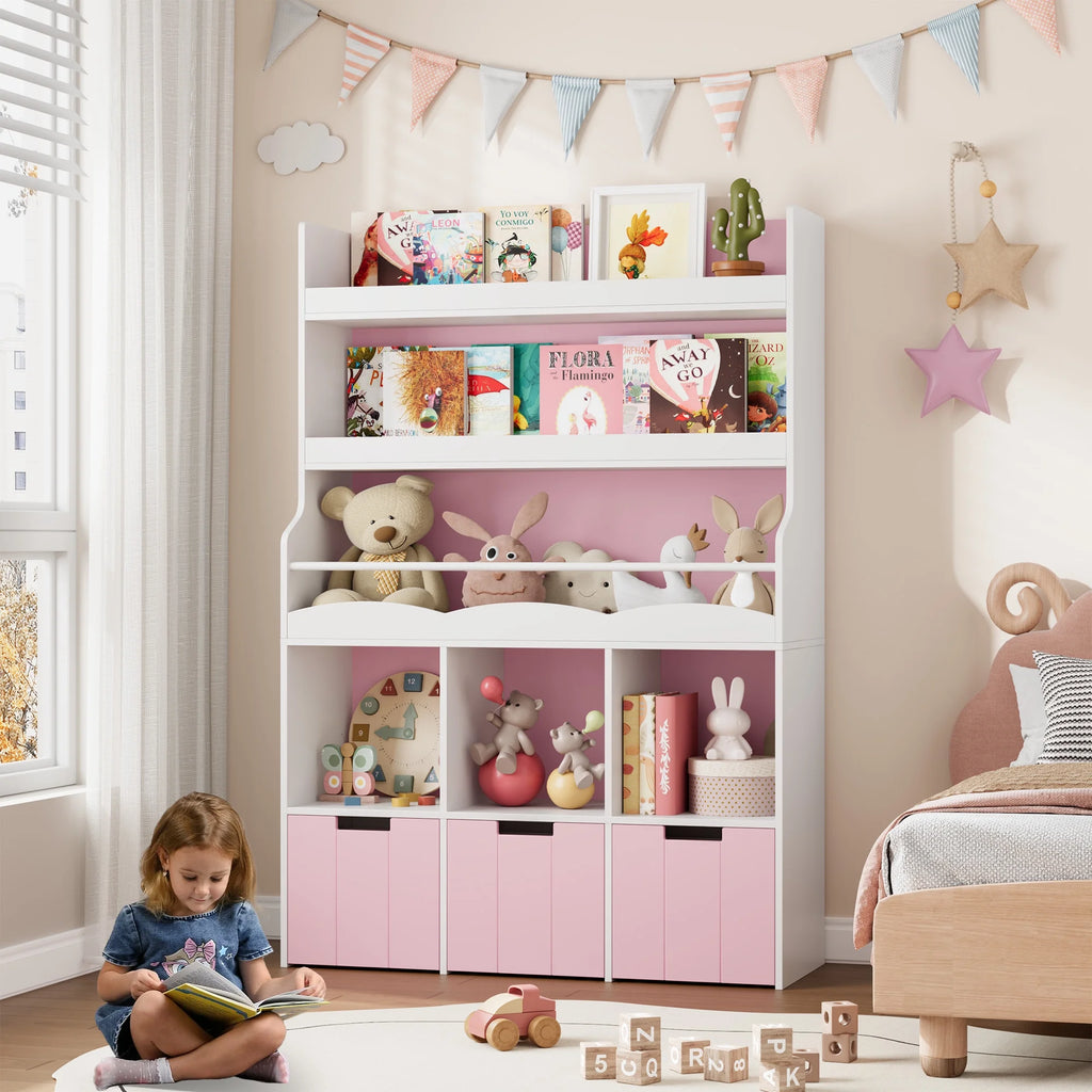 Homfa 55.5 H Kids Bookshelf with 2-Tier Book Shelves, Children Toy Organizer with 3 Cubes and Removable Drawers, White
