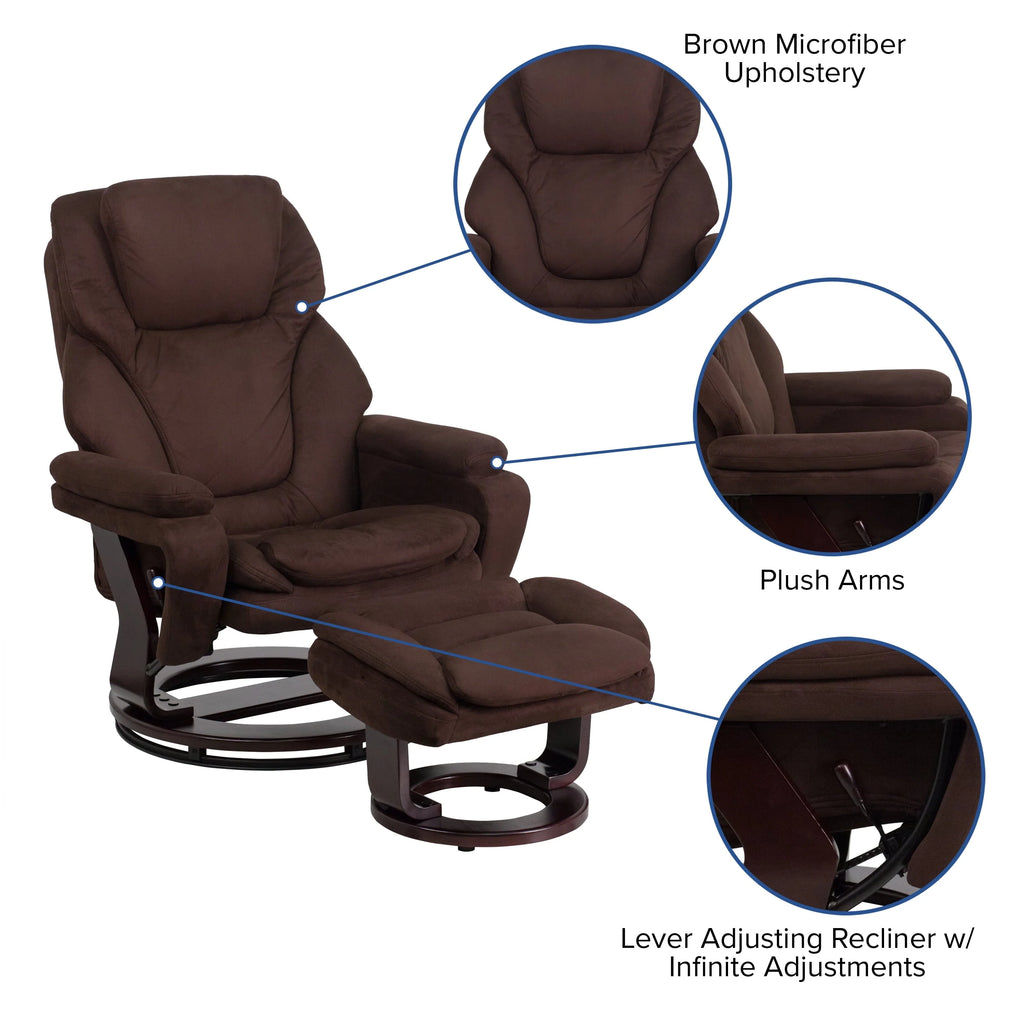 Emma + Oliver Multi-Position Recliner & Ottoman with Swivel Wood Base in Brown Microfiber