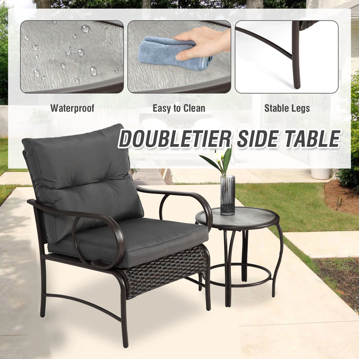 Villeston 3 Piece Outdoor Wicker Conversation Patio Set, with 2 Chairs, Table for Porch Garden,Blue