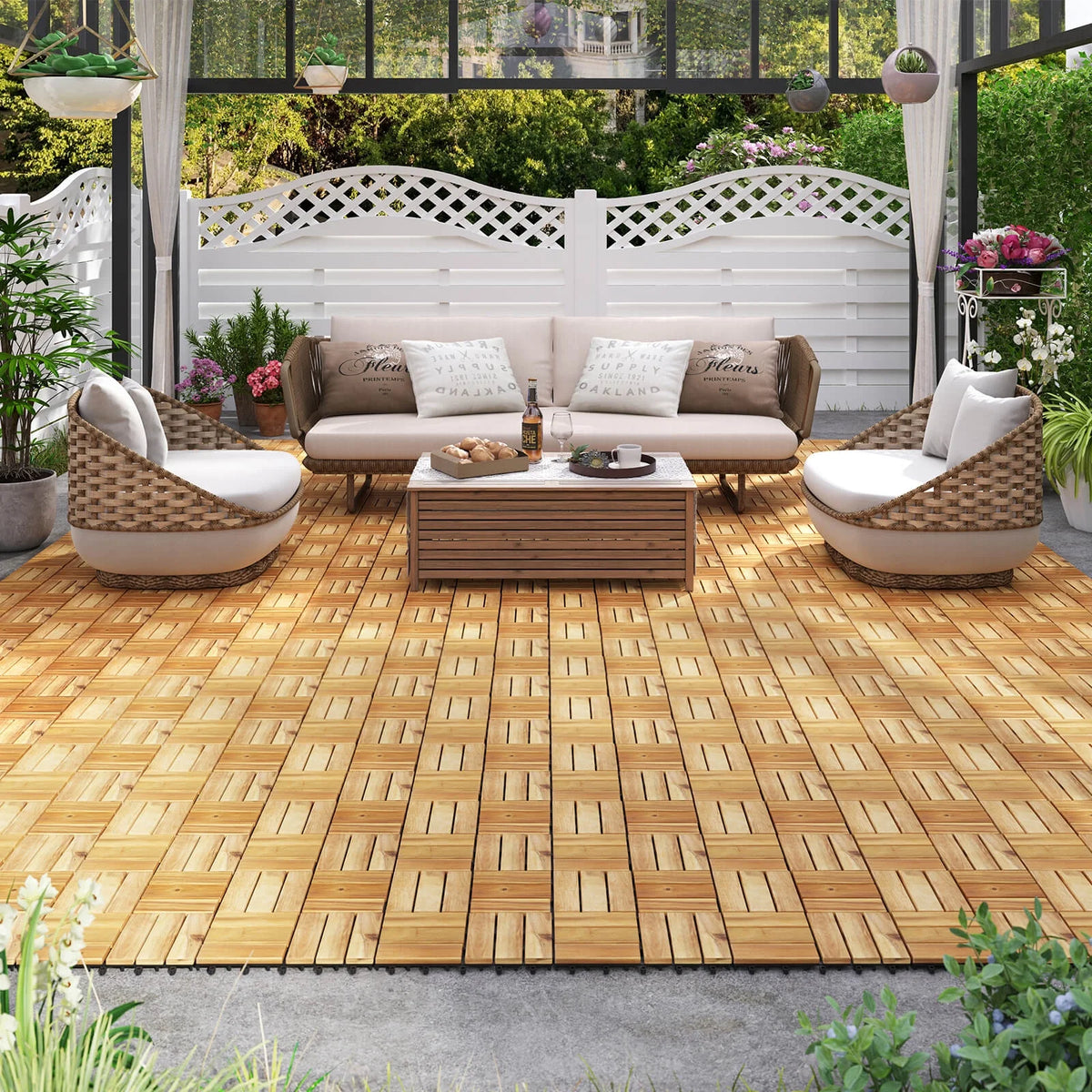 Costway 30 PCS Interlocking Flooring Tiles Floor Decking for Patio Acacia Wood Outdoor