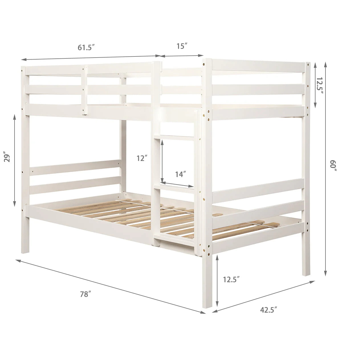 Costway Twin Over Twin Wood Bunk Beds Ladder Safety Rail White