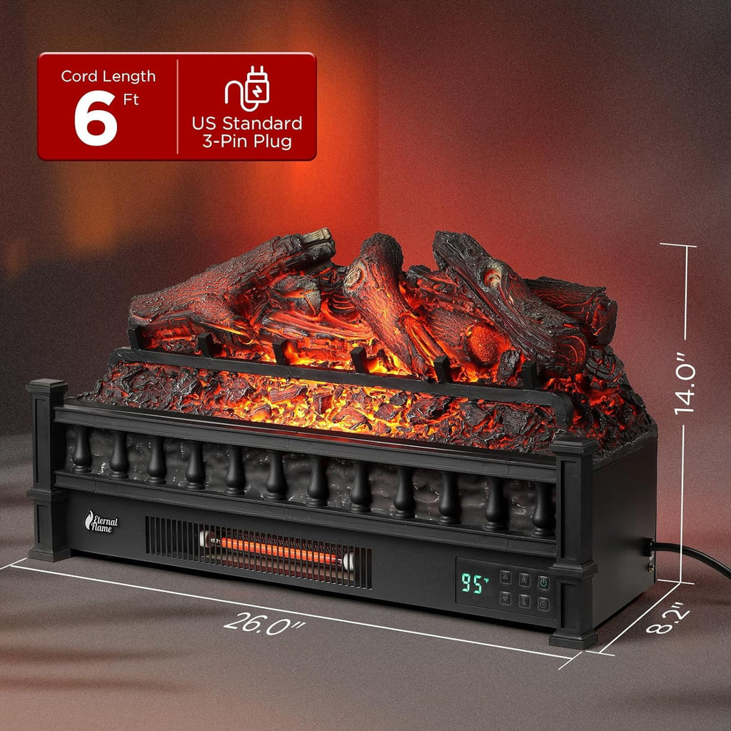 TURBRO Eternal Flame 26 in. WiFi Infrared Quartz Electric Fireplace Log Heater with Sound Crackling, Realistic Pinewood Logs, Adjustable Flame Colors, Remote Control, Thermostat, Timer, 1500W Bronze