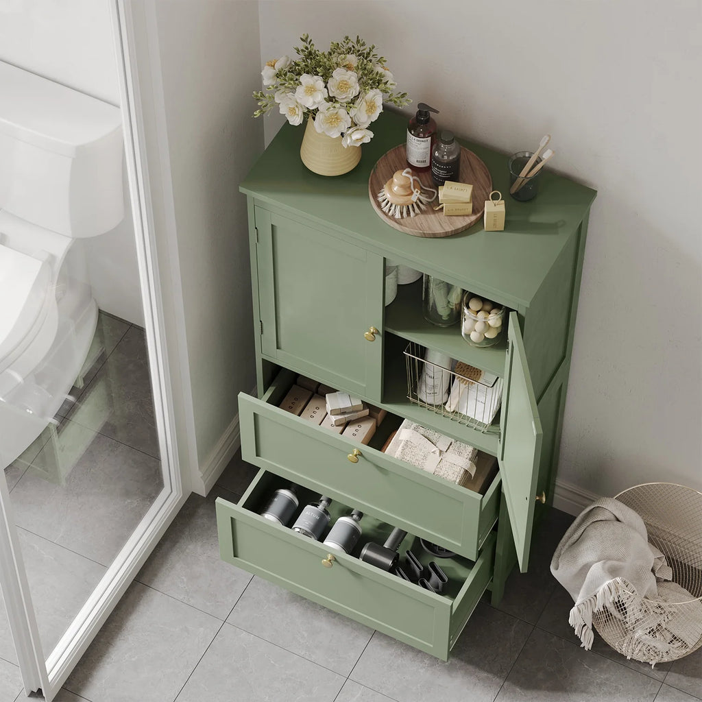 LEDREM Freestanding Storage Cabinet with 2 Doors & 2 Drawers, Adjustable Shelf, Wall-Mounted Anti-Tip Design, 11.8" x 23.6" x 43.3", Forest Green