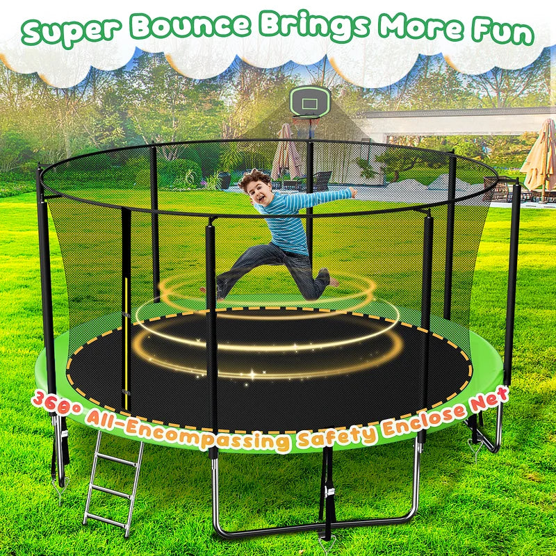 16FT Trampoline for 8-9 Kids Adults with Basketball Hoop, Enclosure, Light, Sprinkler, Socks, 2000LBS Outdoor Round Heavy Duty Recreational Backyard Trampoline