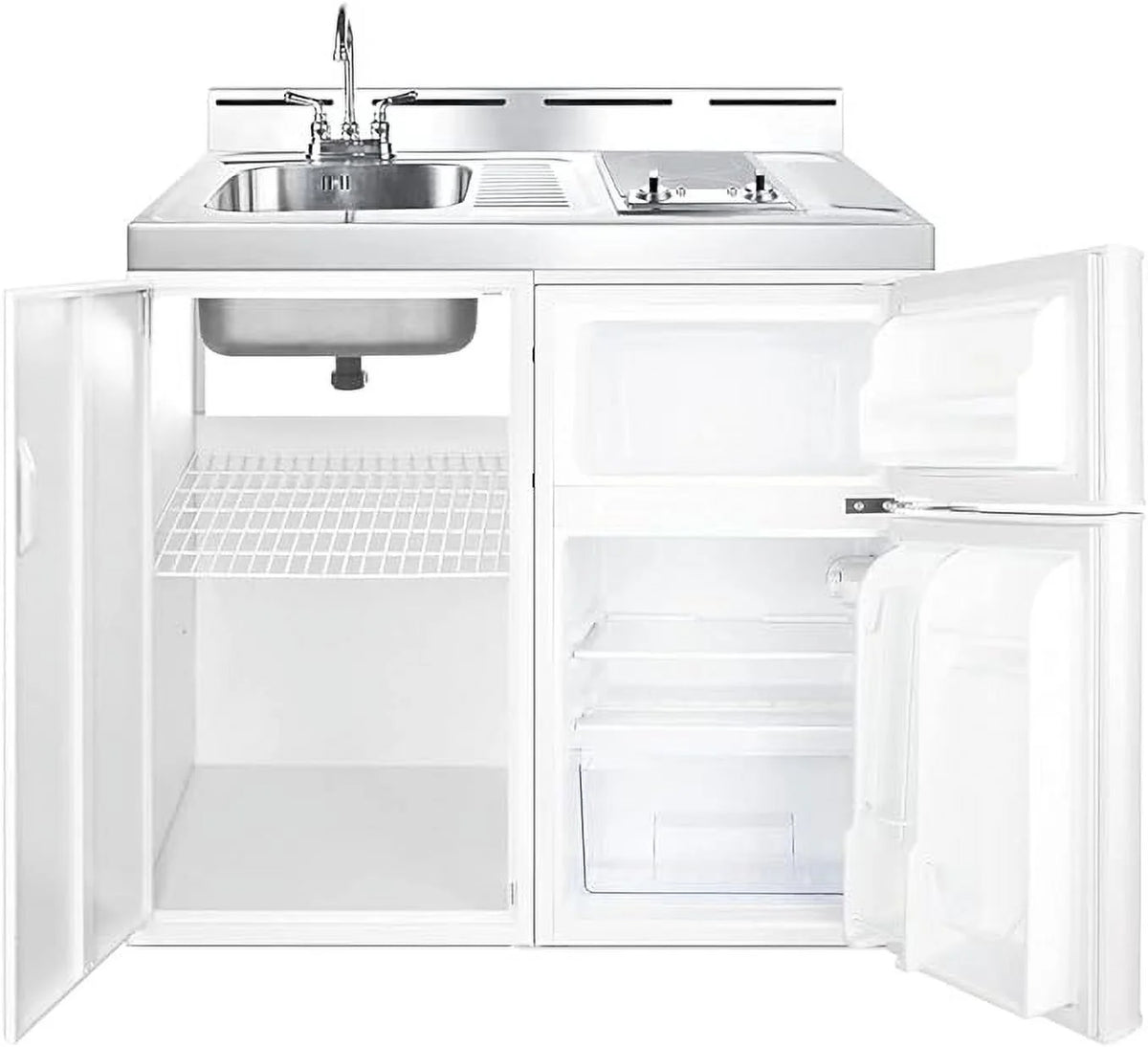 39 inch wide all-in-one kitchenette with 2-burner 115V smooth-top cooktop, refrigerator-freezer, sink, and storage cabinet