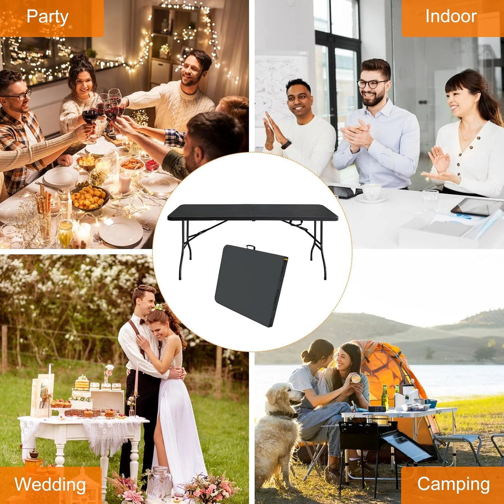 Folding Table with Carry Handle, Portable Fold-in-Half Plastic Table, Rectangle Foldable Table for Indoor