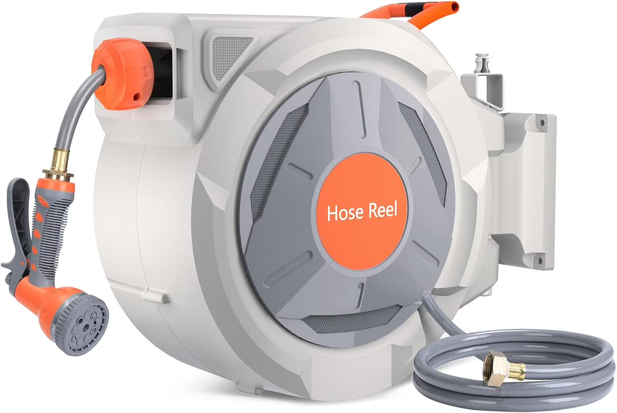 Auto-Retract Wall-Mounted Garden Hose Reel w/9-Pattern Nozzle, 180 Swivel & Any-Length Lock, 600PSI Durable