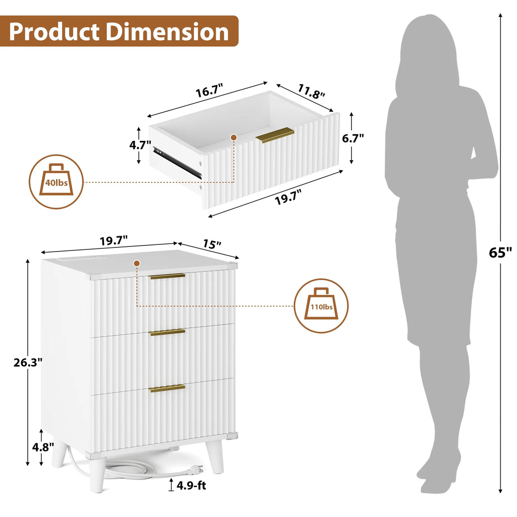 GIKPAL Night Stands for Bedroom, Modern Bedside Table with 3 Drawers & Charging Station,Fluted Panel End Tables for Bedroom  & Living Room, Natural