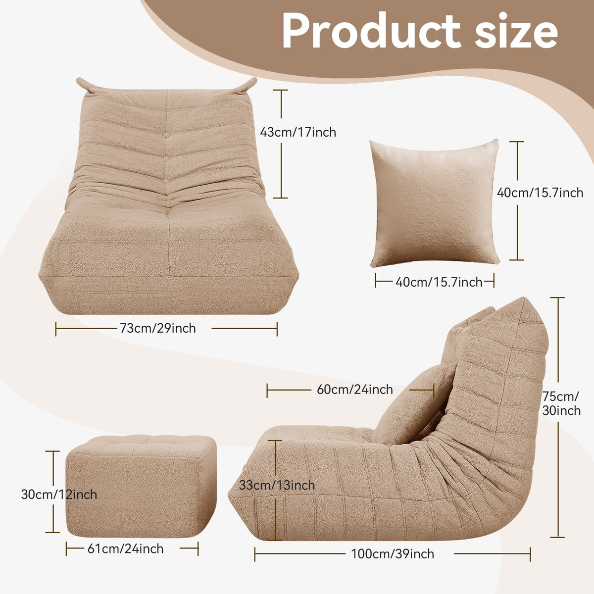 VFD Bean Bag Chairs for Adults, Beanbag Chair with Ottoman Lounge Sofa Memory Foam Comfy Reading Chair for Bedroom & Living Room, Lazy Floor Sofa Couch