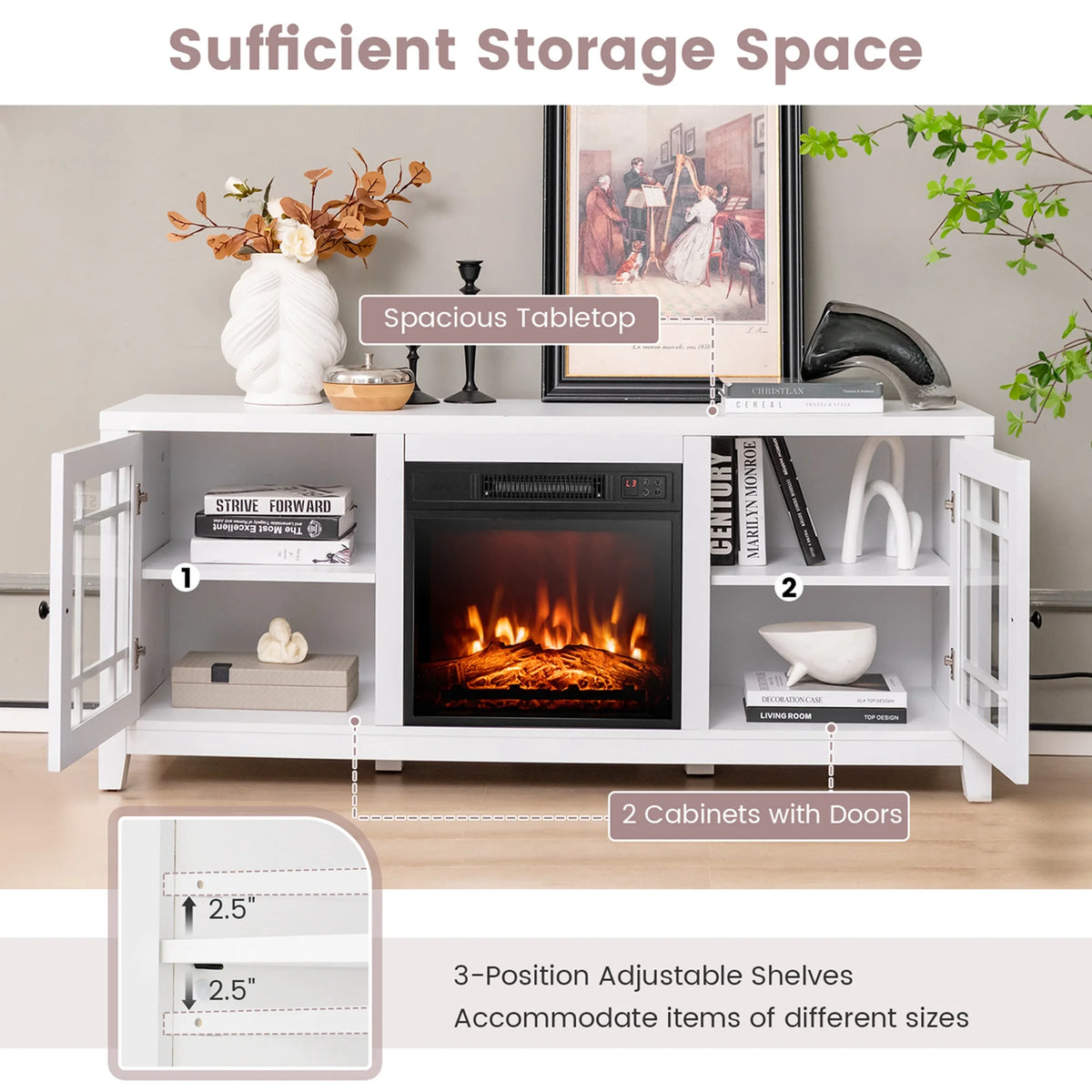 Costway 58 Inches Fireplace TV Stand for TVs up to 65 Inches with 1400W Electric Fireplace Natural