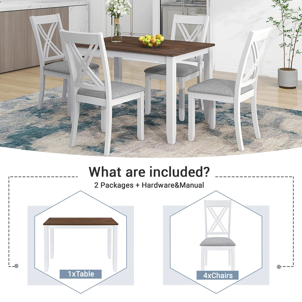 Seizeen Solid Wood Kitchen Table and Chairs, Dining Room Table Set for 4 with Gray Upholstered Chairs, Wood Grain Table Heavy-Duty Frame, Rustic Minimalist Style Breakfast Nook Set