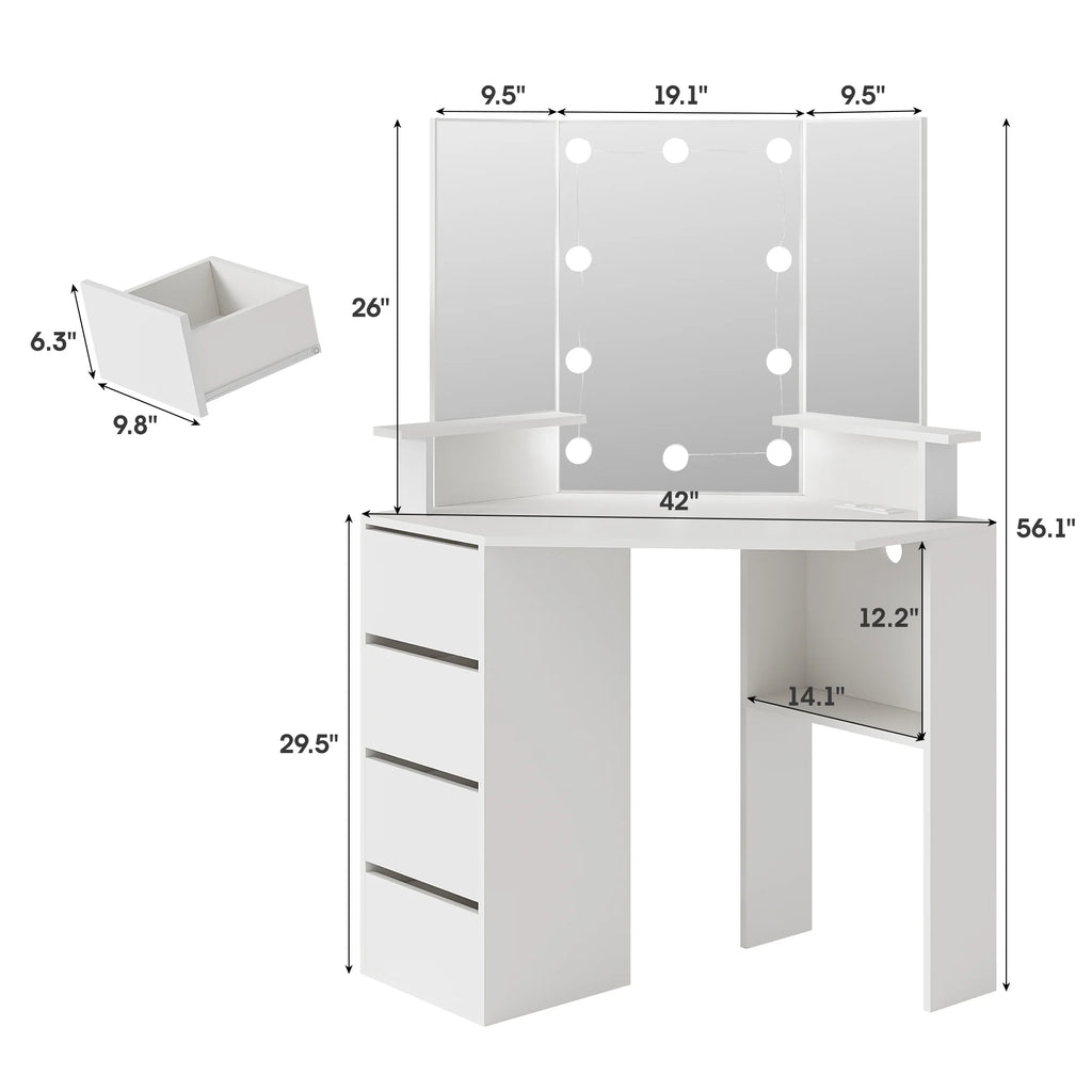 Veanerwood White Corner Vanity Desk with Mirror and Light,Makeup Table with 4 Drawers and Charging Station for Bedroom