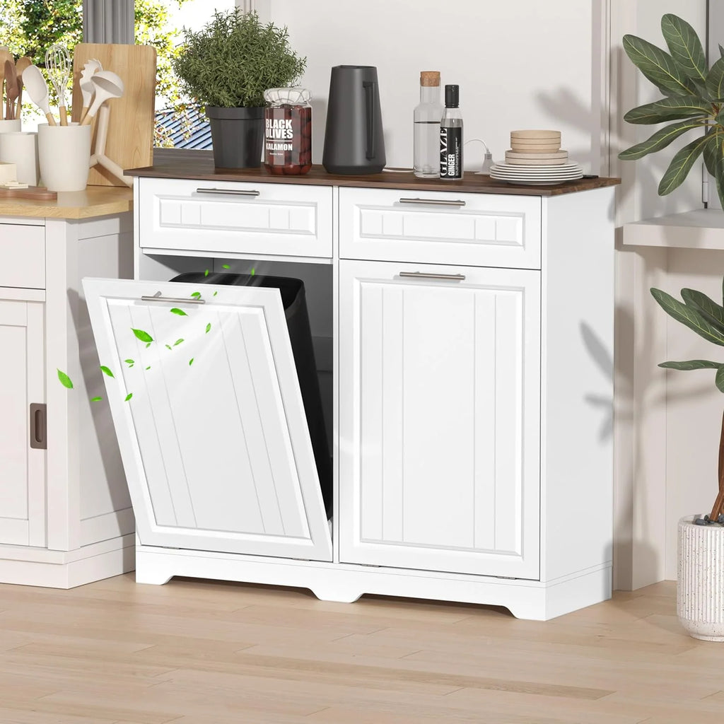 Single 10 Gallon Tilt Out Trash Can Cabinet with Deodorizing Function, Wooden Hidden Garbage Can Holder with Storage Drawers for Kitchen and Dining Room, Laundry Hamper Cabinet for Bathroom, Blue