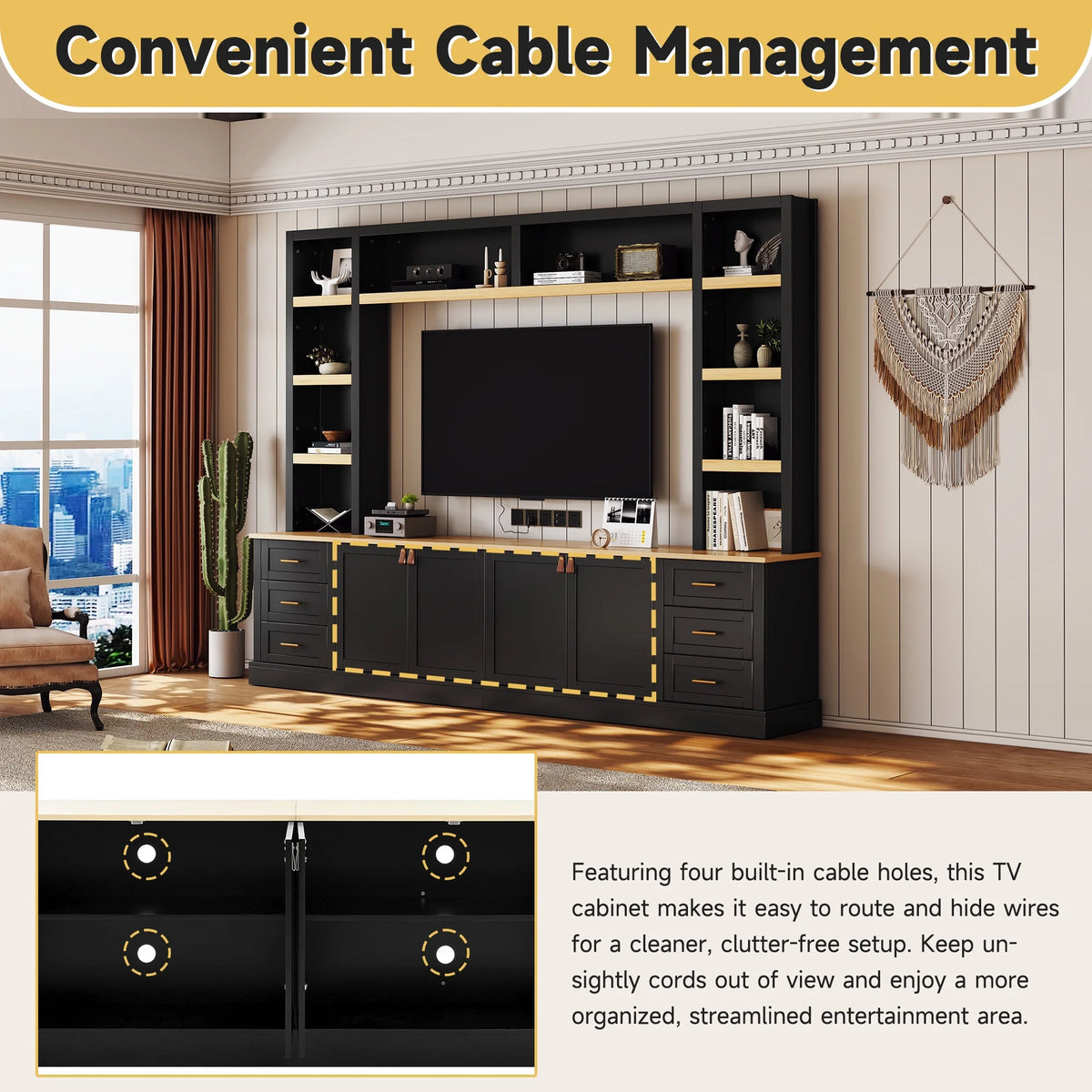 Euroco 102.3"W Farmhouse 4-Piece Entertainment Center Wall Unit with Adjustable Shelf, Modern Large TV Stand with Bookshelves