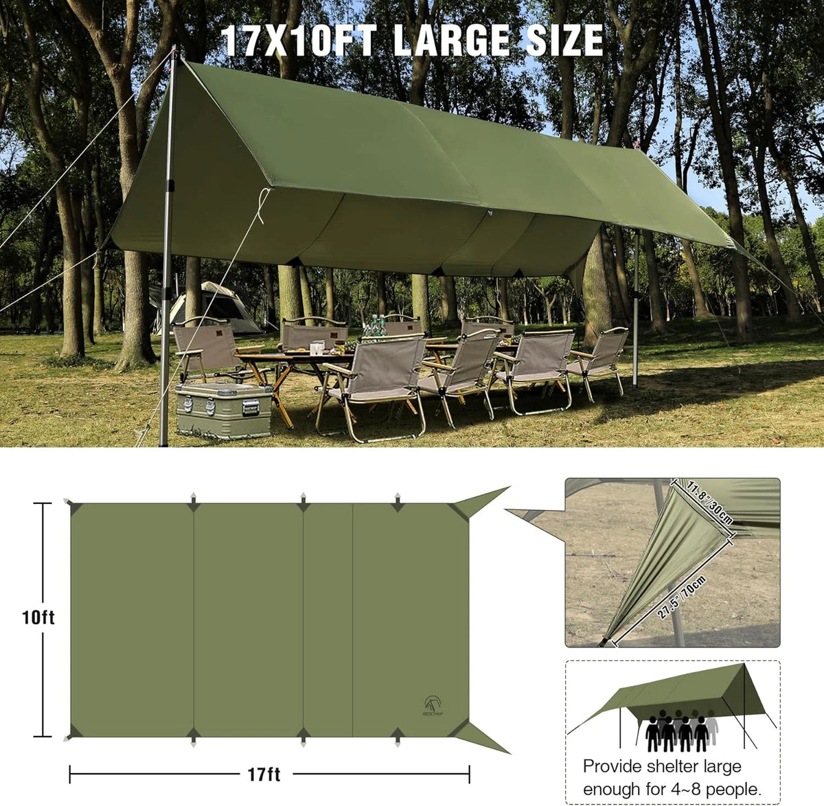 REDCAMP Large 10x17ft Waterproof Camping Tarp, Portable Hammock Rain Fly with 4 Collapsible Tarp Poles, 8 Guy Lines & Stakes, Backpacking Tent Shelter for Camping, Hiking, Beach (4 Poles)