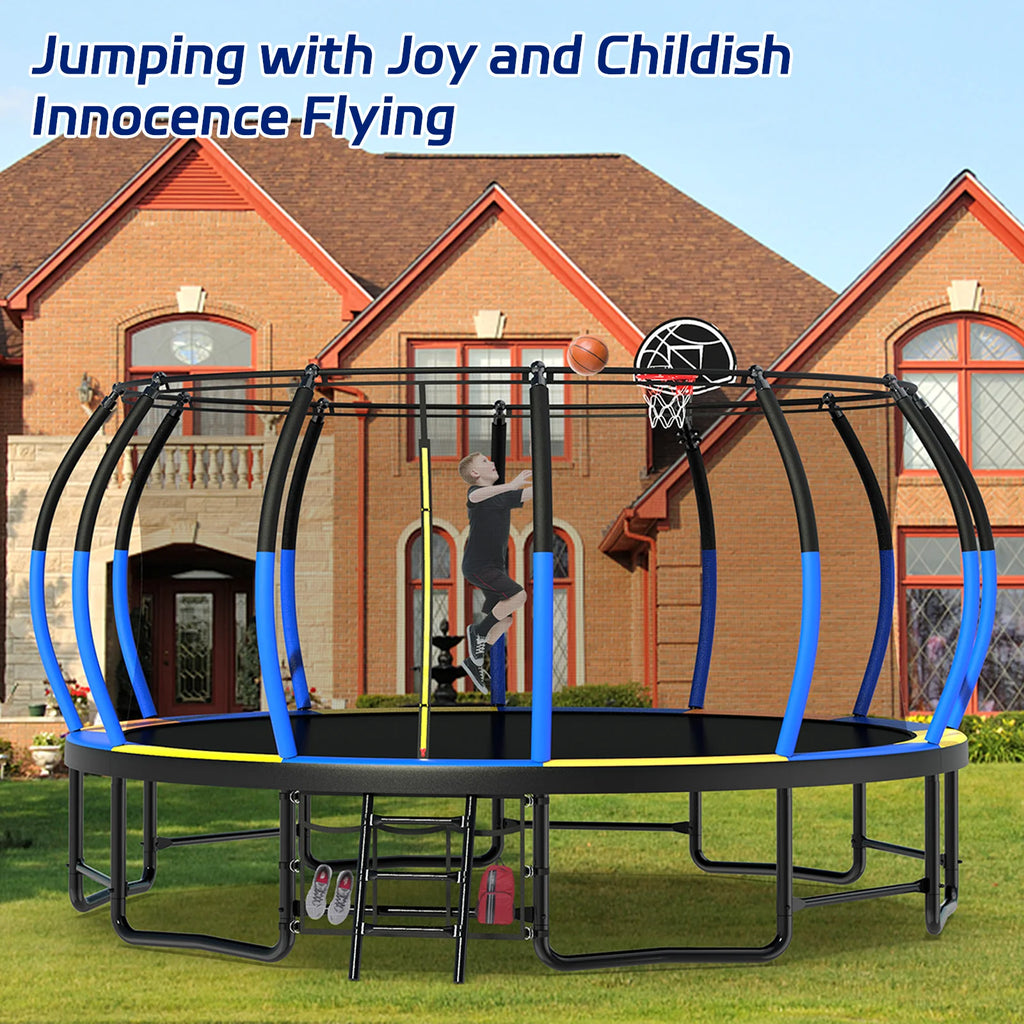 Netrum 10ft Kids Trampoline with Basketball Hoop, Outdoor Trampolines with Enclosure Net,Ladder, 880Lbs Trampoline for 4 Kids Green