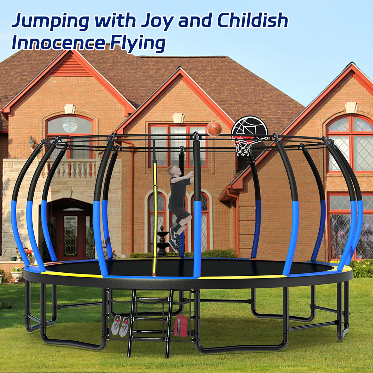 Netrum 10ft Kids Trampoline with Basketball Hoop, Outdoor Trampolines with Enclosure Net,Ladder, 880Lbs Trampoline for 4 Kids Green