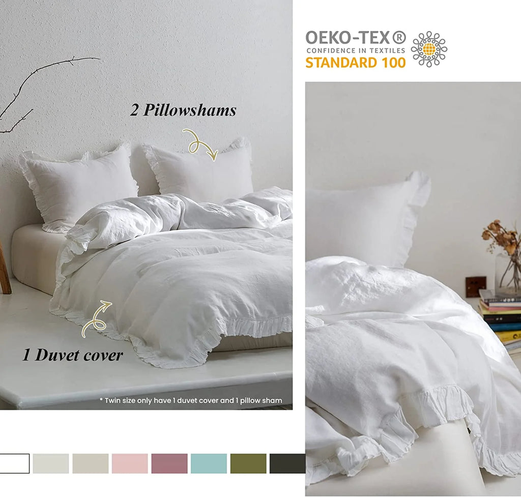 Simple&Opulence 100% Washed Linen Duvet Cover Set-3 Pieces Shabby Chic Premium Ruffled Bedding with 1 Comforter Cover and 2 Pillowshams France Flax High End Frill Sets Vintage Style(King, White)