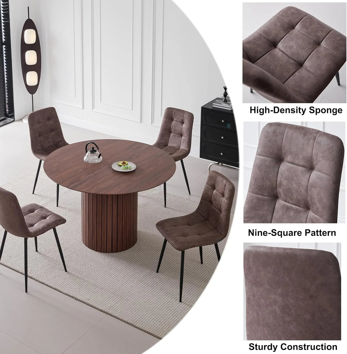 5 Piece Round Dining Table Set - Mid-Century 47 inch Oak Dining Table with 4 Brown Faux Leather Chairs Set, Dinner Table & Chair with Metal Legs for Kitchen Dining Room, Apartment, Bedroom