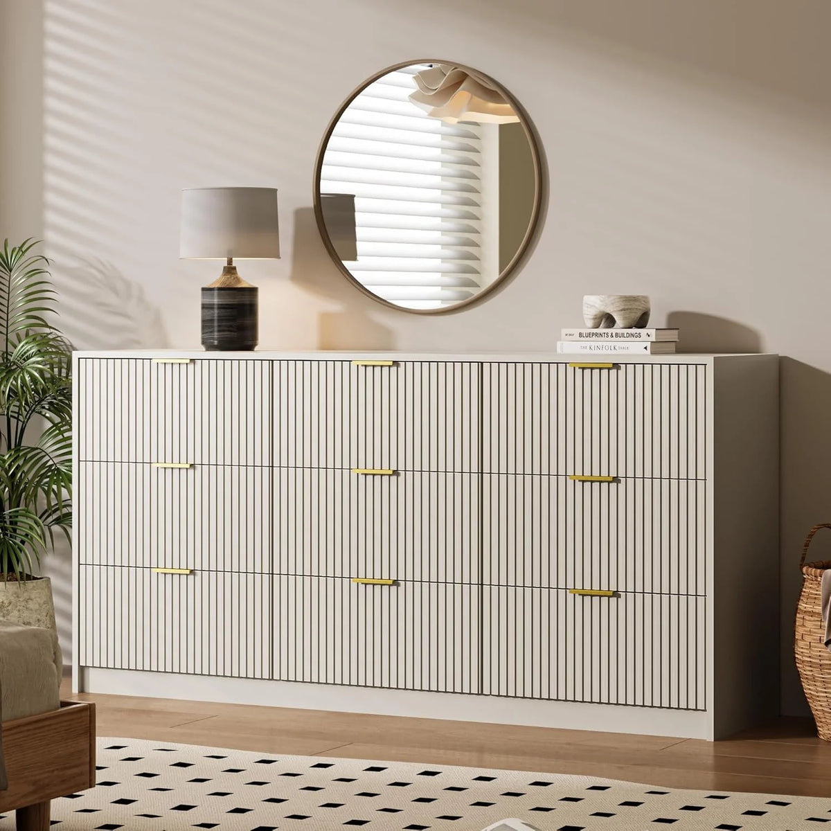 Furniway Fluted Large 9-Drawer Black Dresser