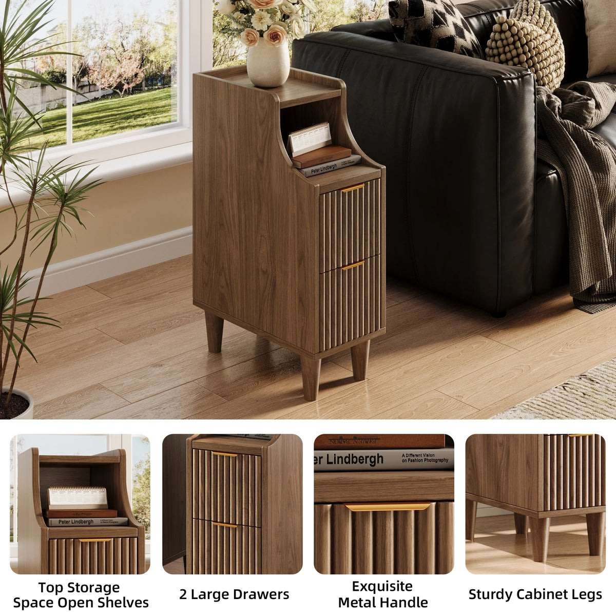 UGTOO 24.4"Tall Walnut Finish 2PC Bedside Table Set with 2 Large Drawers & Top Storage Space Open Shelf, Sturdy Wood Legs, Vintage Cabinet Nightstand for Bedroom with Metal Handle