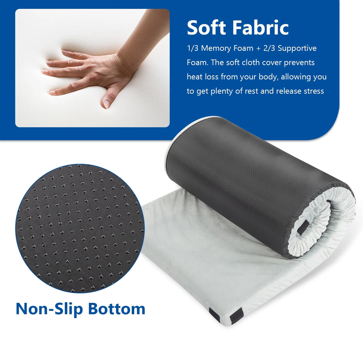 Portable Sleeping Pad for Camping, 2.5"T Roll Up Camping Mattress W/Gray Plush Fabric, Memory Foam Camping Sleeping Mat for Bed Tent Car, Travel Storage Bag, Waterproof Bottom, 75"D x 25"W