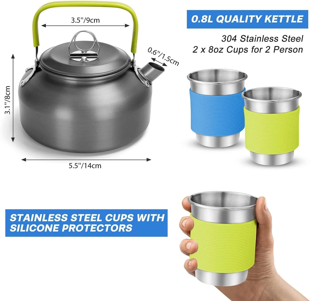 16pcs Camping Cookware Set with Folding Camping Stove, Non-Stick Lightweight Pot Pan Kettle Set with Stainless Steel Cups Plates Forks Knives Spoons for Camping Backpacking Outdoor Picnic