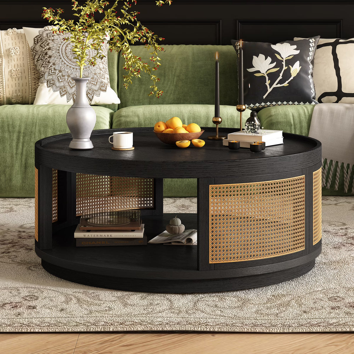 Harper & Bright Designs Rattan Round Coffee Table with Storage Shelf, Round Cane Wood Center Table for Living Room, 37'' Brown