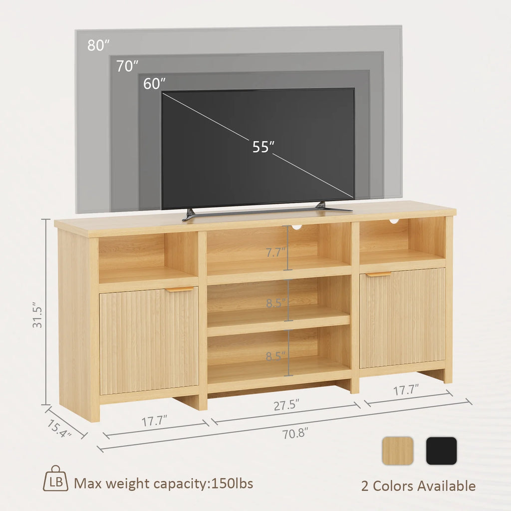 Planntonneo Mid-Century Modern Fluted TV Stand Wooden Media Console Entertainment Center for Living Room, Walnut Color