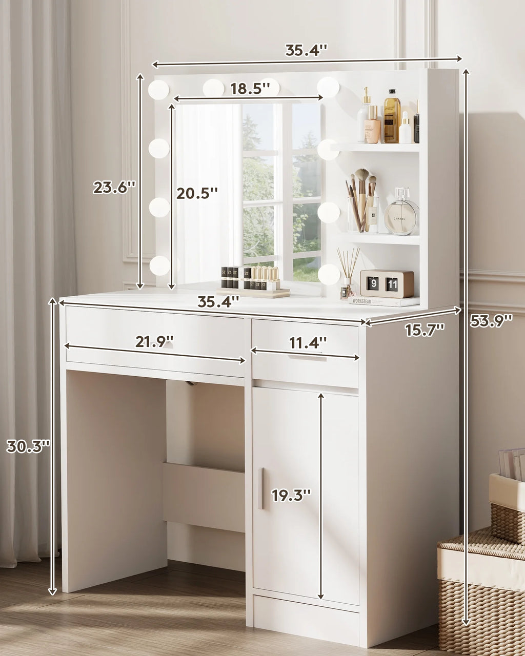 LIVELYGLOW Vanity Desk with Mirror and Lights, Makeup Vanity with Drawer & Storage Shelves, Cabinet, 3 Lighting Modes Adjustable Brightness,White