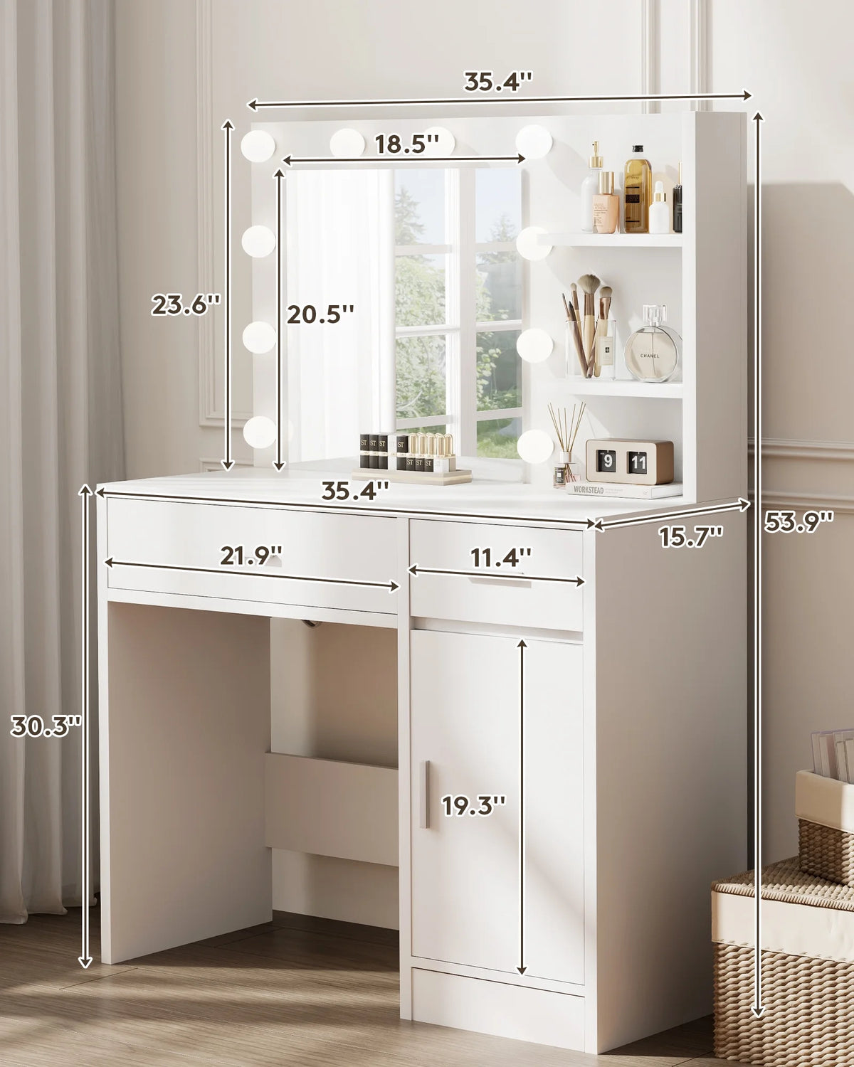 LIVELYGLOW Vanity Desk with Mirror and Lights, Makeup Vanity with Drawer & Storage Shelves, Cabinet, 3 Lighting Modes Adjustable Brightness,White