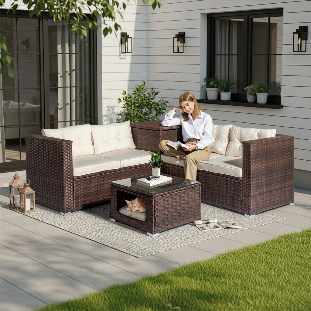 Ktaxon 7-Piece Wicker Patio Furniture Set, Patio Furniture Set with Water Resistant Thick Cushions and Coffee Table, Beige