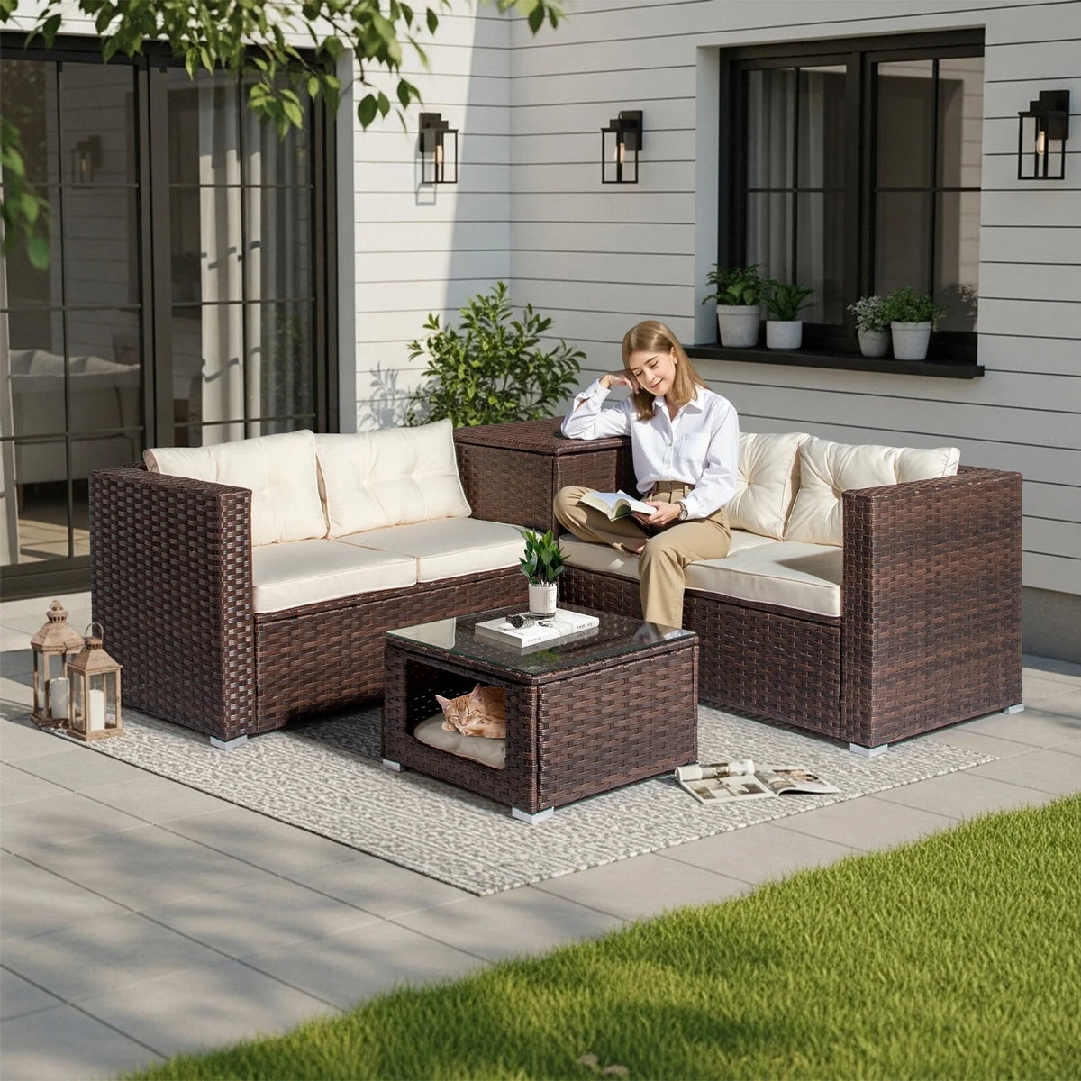 Ktaxon 7-Piece Wicker Patio Furniture Set, Patio Furniture Set with Water Resistant Thick Cushions and Coffee Table, Beige