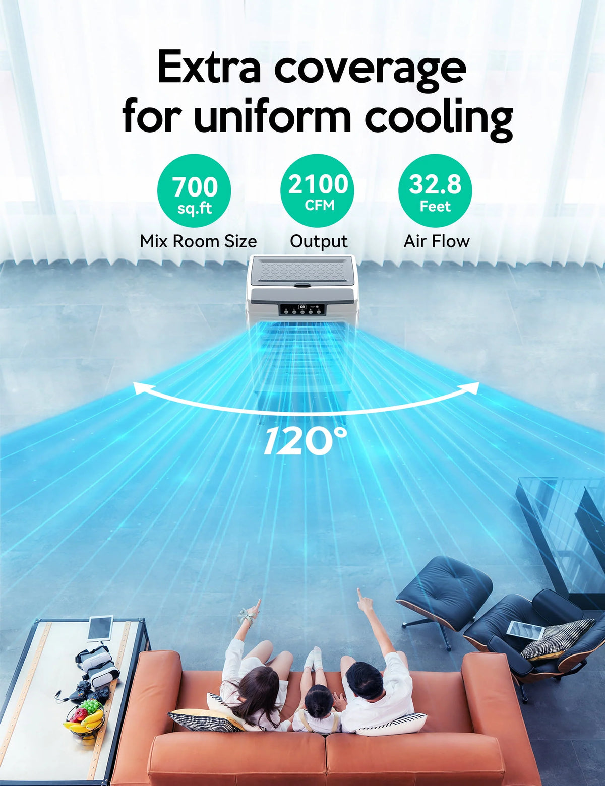 Evaporative Cooler, 2100CFM Air Cooler, 120 Oscillation Swamp Cooler with Remote Control, 24H Timer, 3 Wind Speeds for Outdoor Indoor Use, 7.9Gallon