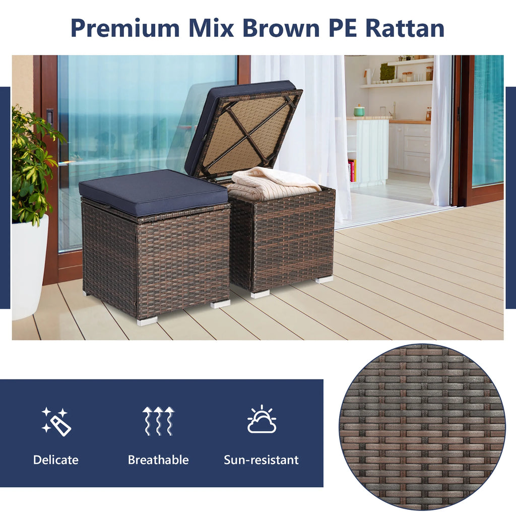 Costway 2PC Patio Rattan Ottoman Seat Side Table Storage Box Footrest Off White