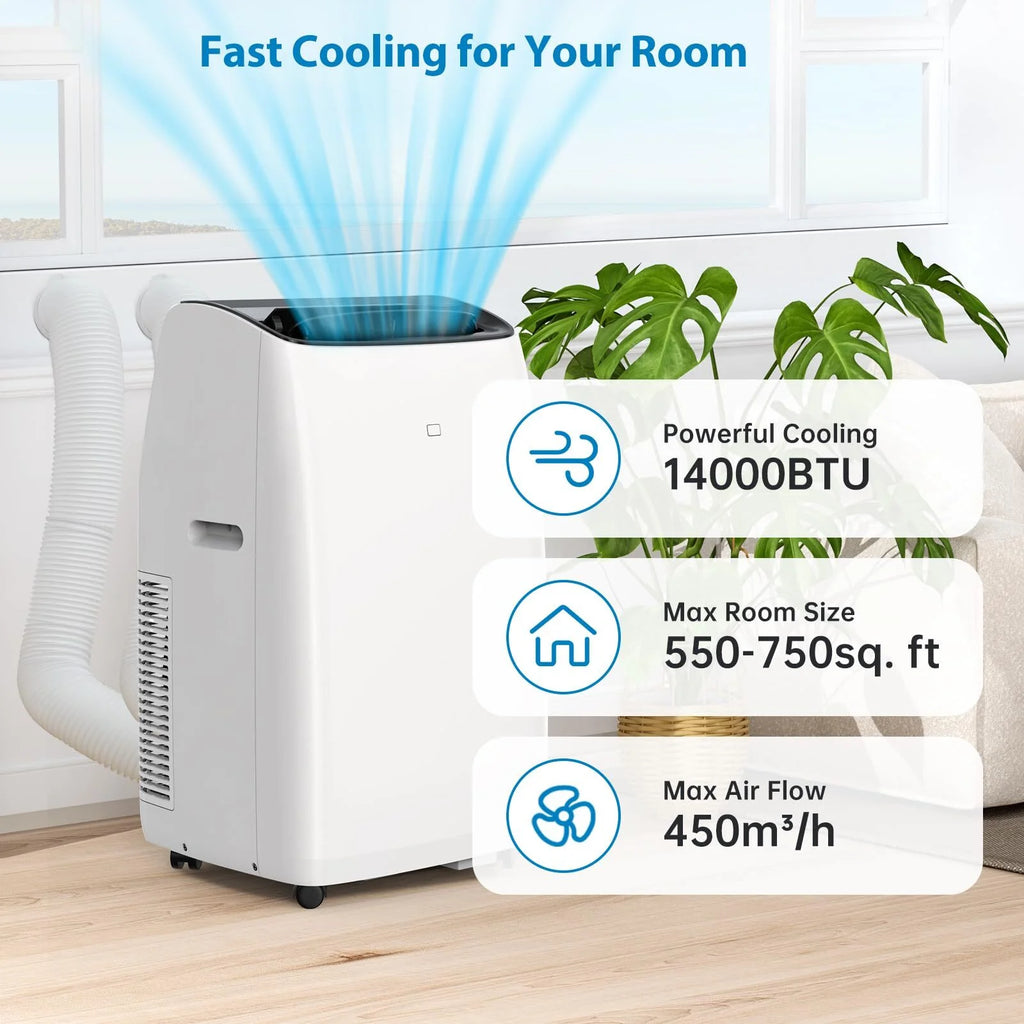 14000 BTU Inverter Air Conditioner for Rooms up to 750 Sq. Ft, 4-in-1 Portable AC Unit, Cooler, Heater, Dehumidifier & Fan, Sleep Mode 42dB, Dual Hose Portable AC with Window Kit & Remote Control