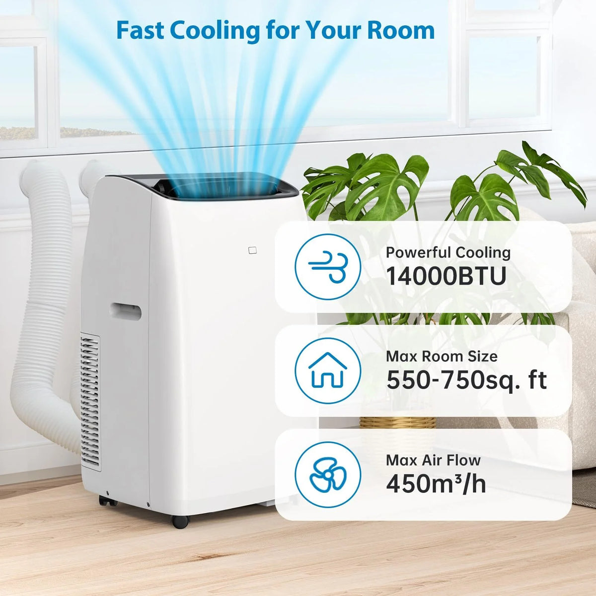 14000 BTU Inverter Air Conditioner for Rooms up to 750 Sq. Ft, 4-in-1 Portable AC Unit, Cooler, Heater, Dehumidifier & Fan, Sleep Mode 42dB, Dual Hose Portable AC with Window Kit & Remote Control