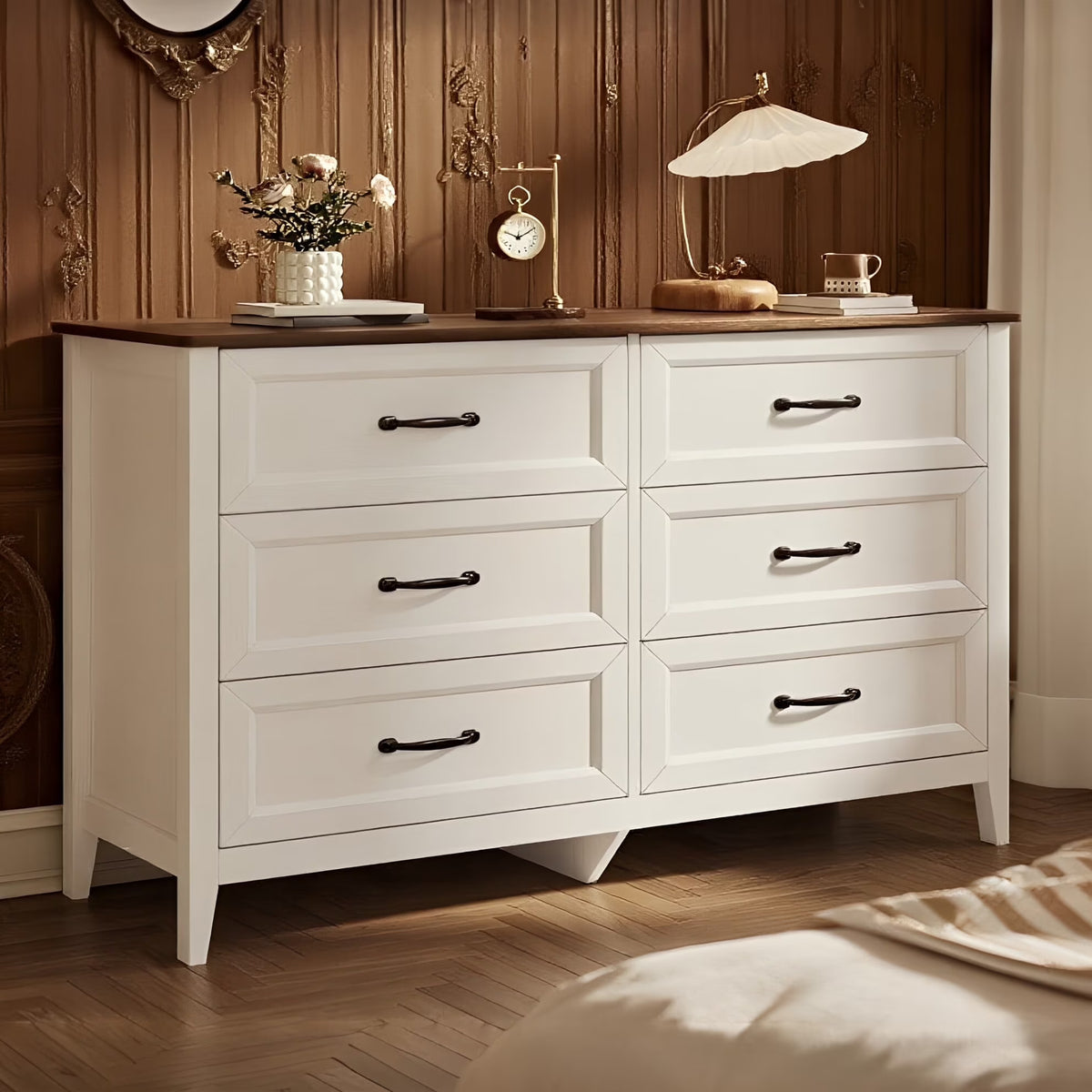 White Dresser, Lofka 6 Drawer Dresser for Bedroom, Chests of Drawers for Living Room, White Brown