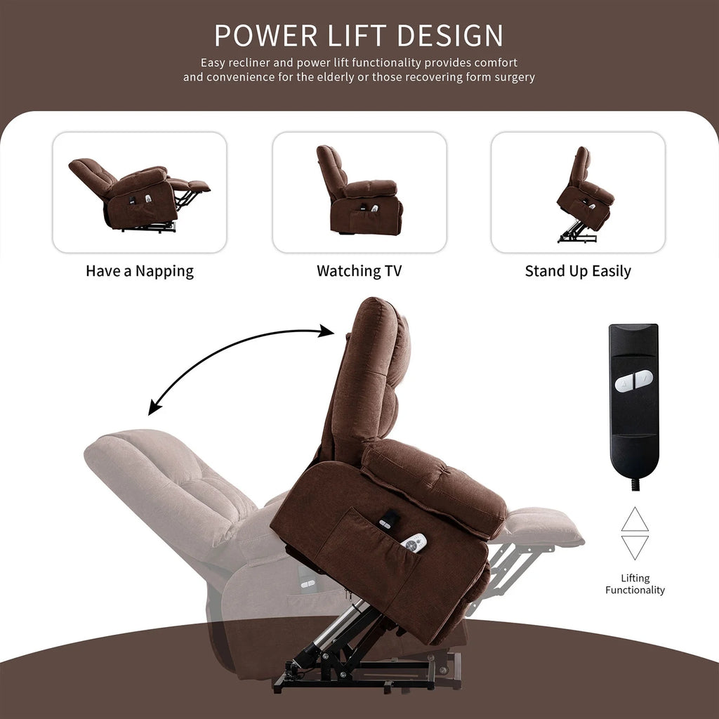 JONPONY Power Lift Recliner Chair Recliners for Elderly with Heat and Massage Recliner Chair for Living Room with Infinite Position and Side Pocket,USB Charge Port,Brown