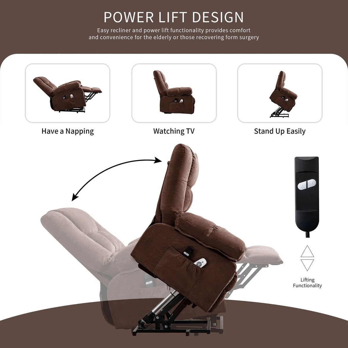 JONPONY Power Lift Recliner Chair Recliners for Elderly with Heat and Massage Recliner Chair for Living Room with Infinite Position and Side Pocket,USB Charge Port,Brown