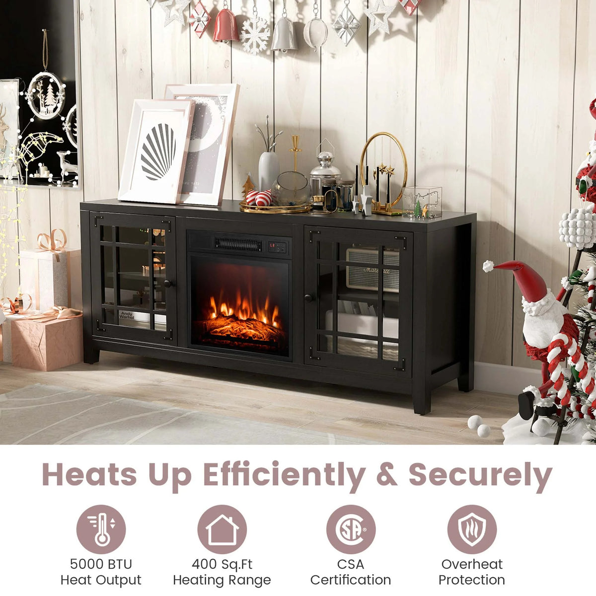 Costway 58 Inches Fireplace TV Stand for TVs up to 65 Inches with 1400W Electric Fireplace Natural