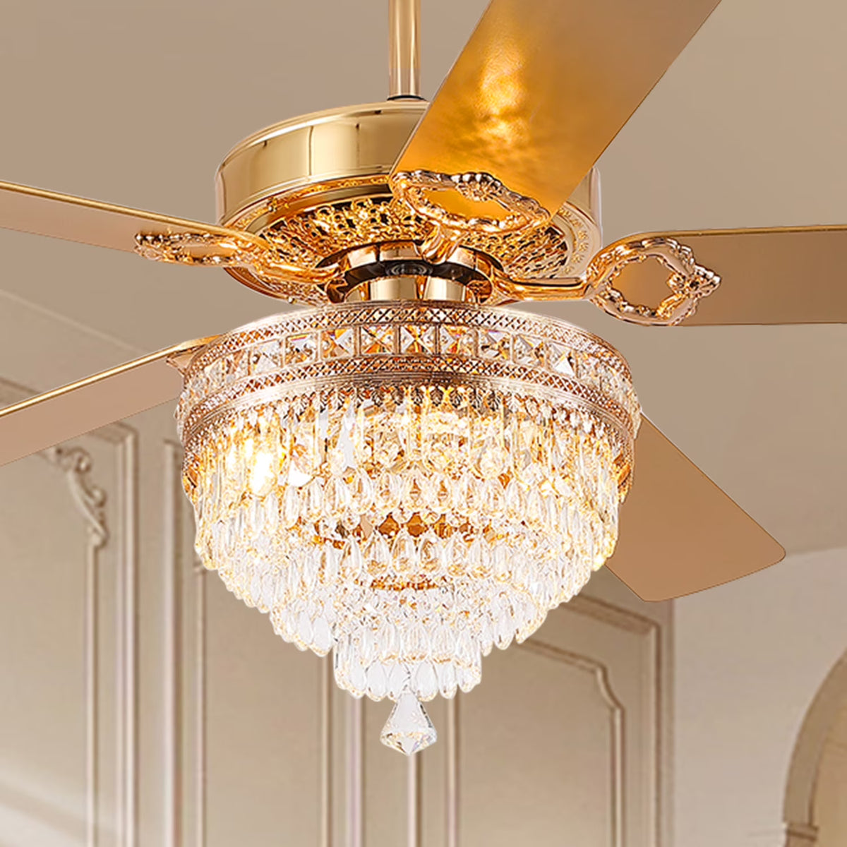 YIOSI 52" Crystal Ceiling Fan Fandelier with Remote Control, Modern Chrome Chandelier Ceiling Fan, Whisper-Quiet Motor, Reversible Blades, LED Lighting, Energy-Efficient, Elegant Living Room Fan