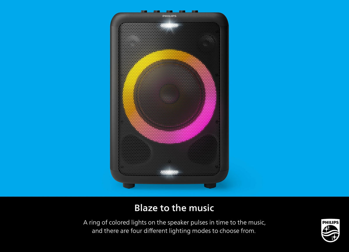 Philips X3206 Portable Bluetooth Party Speaker with Party Lights and Built-in Carry Handle, Medium Size, Black, TAX3206