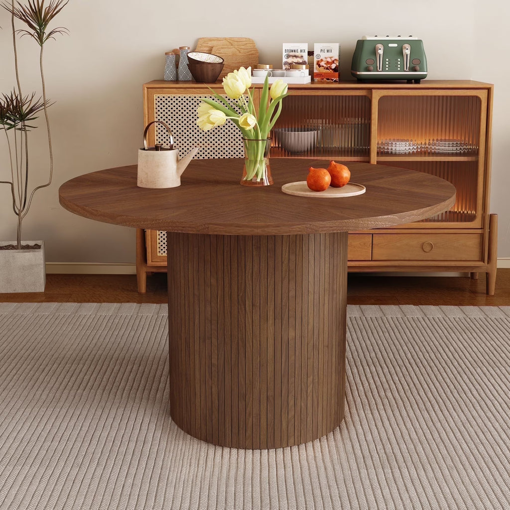Wirrytor Round Dining Table, Modern Farmhouse Kitchen Table, 47 Inch Coffee Circle Dining Tables with Wood Strip Base for Kitchen Living Room, Black