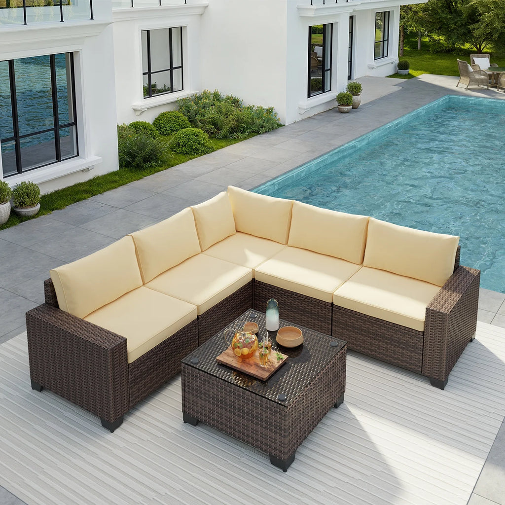 7 Piece Outdoor Patio Furniture Set, Asofer Rattan Wicker Outdoor Conversation Sectional Sofa Set, Gray