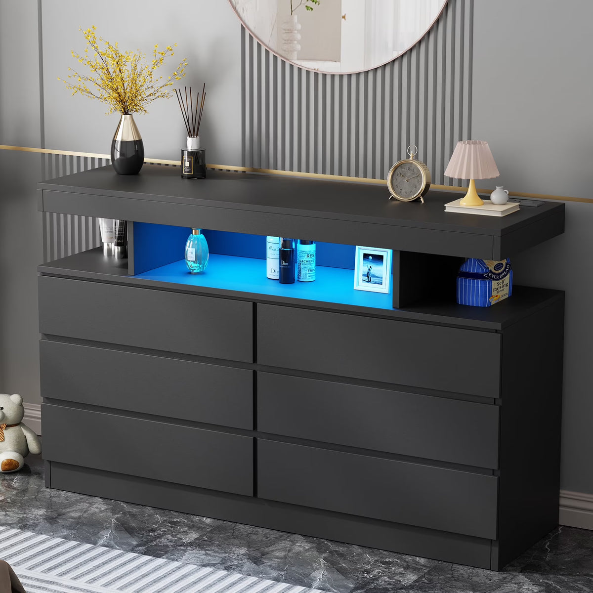 BEWISHOME Black 6-Drawer Dresser with LED Lights & Charging Station Modern Wood Storage Cabinet with Open Shelge Cabinet with Open Shelf, USB Ports & Outlets 47.24" Bedroom & Living Room TV Stand