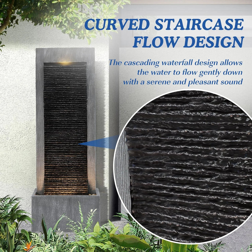 MAGIC UNION Water Fountain Outdoor Garden - Indoor Modern Water Fountain Freestanding Fountains, 49.6" H Contemporary Curves Garden Fountain with LED Lights, Pump and Natural Stones for Garden, Patio