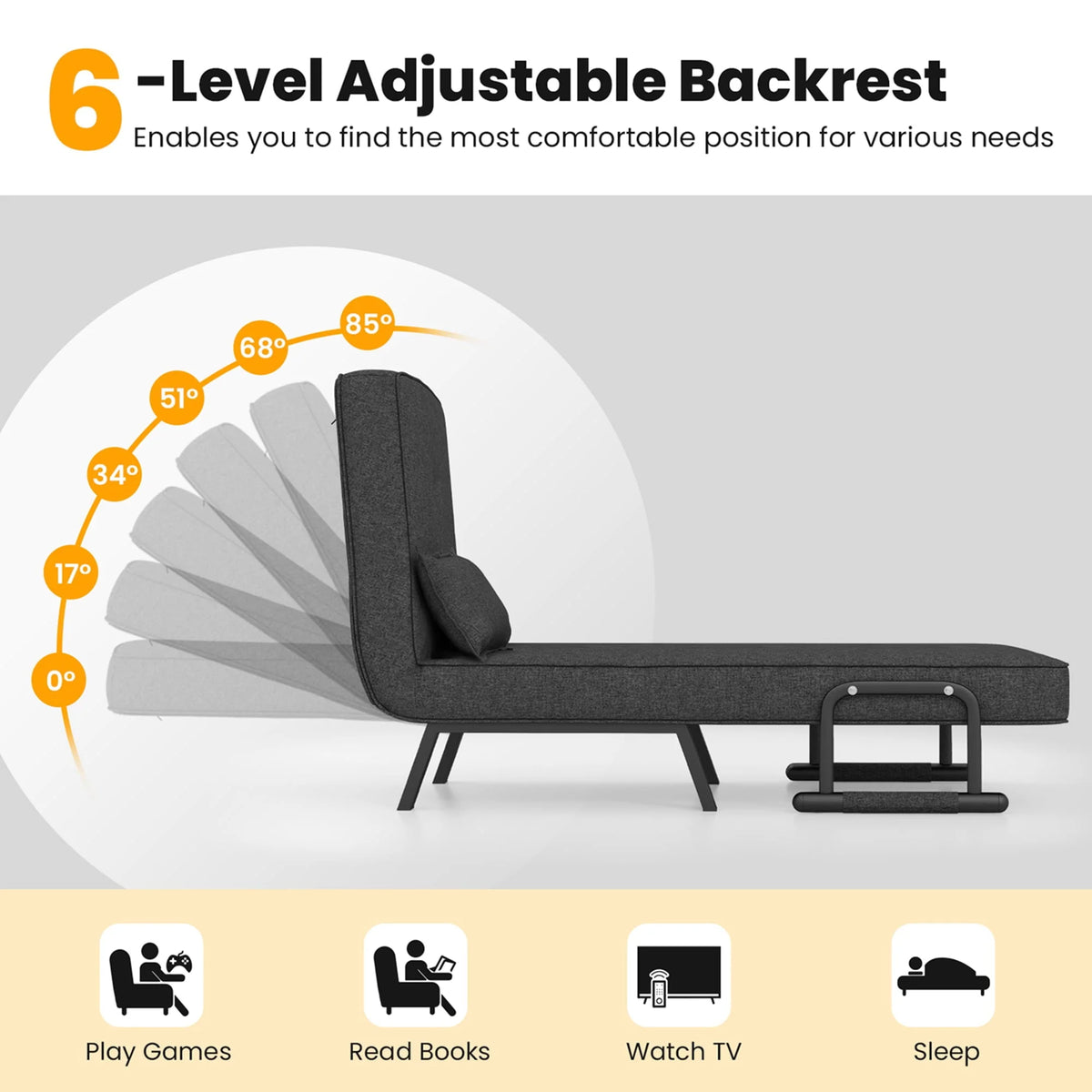 Costway Folding 6 Position Convertible Sleeper Bed Armchair Lounge Couch w/ Pillow Gray