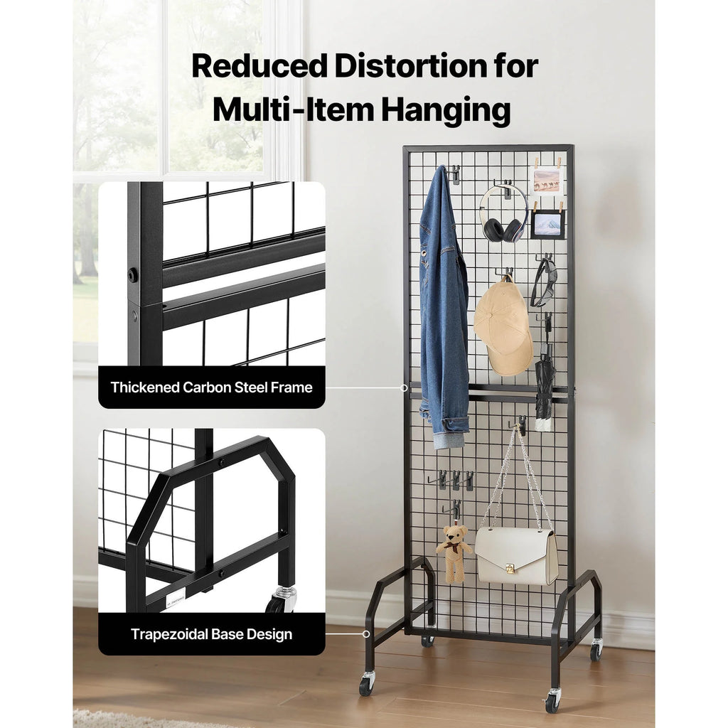 KFFKFF 3-Pack Grid Wall Panels, 1.9 x 5.4 ft Wire Display Racks with Wheels and 30 Hooks, Black Carbon Steel Panels for Craft Fairs, Decoration, Storage, and Message Boards