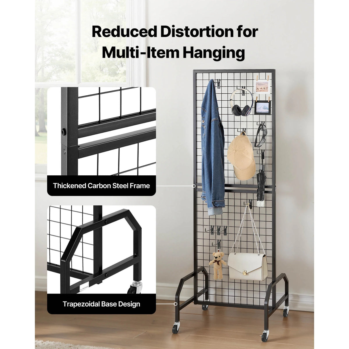 KFFKFF 3-Pack Grid Wall Panels, 1.9 x 5.4 ft Wire Display Racks with Wheels and 30 Hooks, Black Carbon Steel Panels for Craft Fairs, Decoration, Storage, and Message Boards